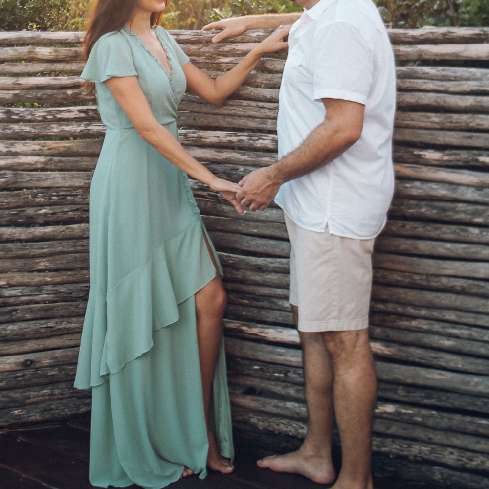 Lulu mint green maxi dress with side slit and ruffle